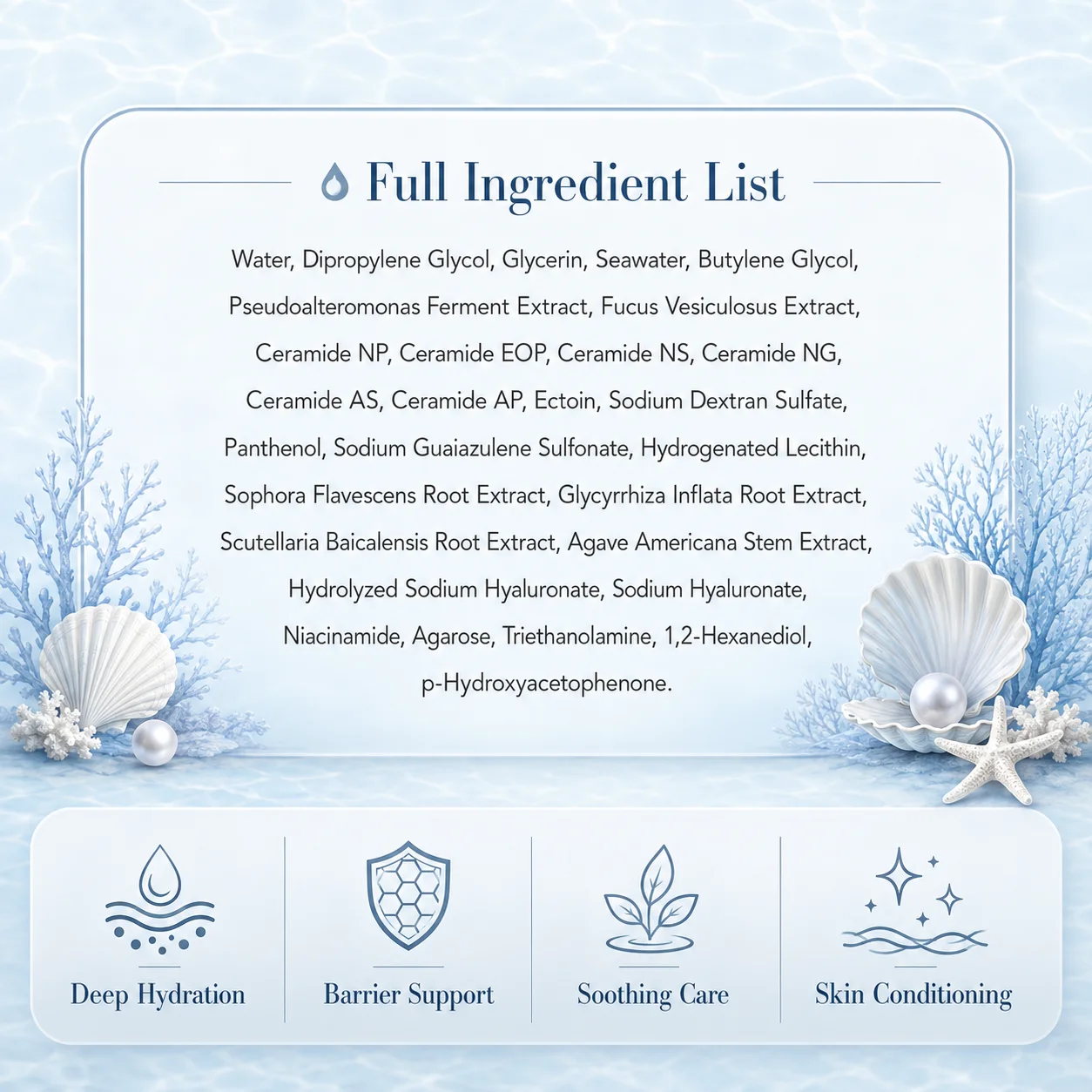 A detailed skincare product ingredient list displayed on a water-themed background with seashells, pearls, and corals, including icons representing deep hydration, barrier support, soothing care, and skin conditioning.